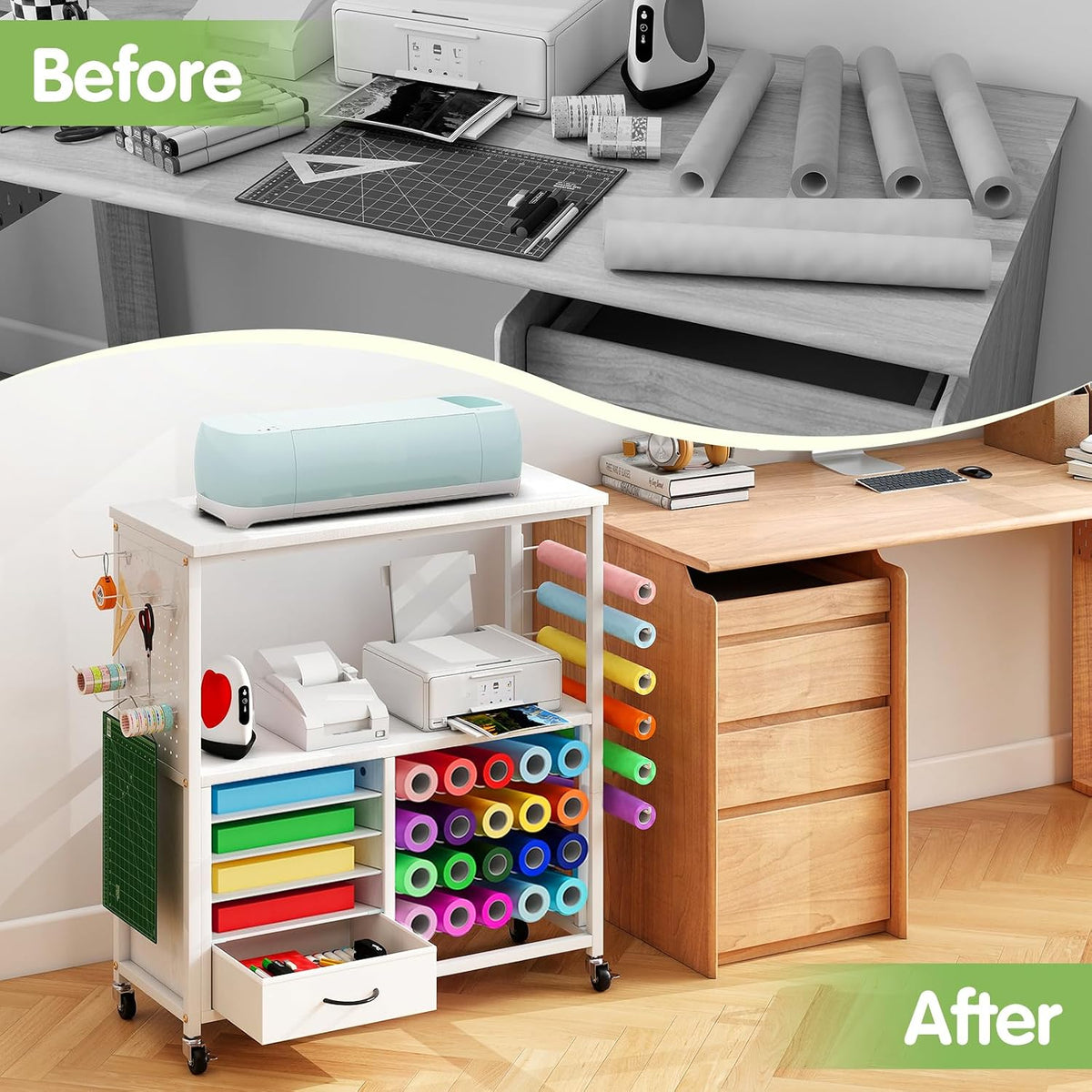 Craft Storage Cart, Compatible with Cricut Cutting Machines, Features a Vinyl Roll Holder and Drawers,A Mobile Storage Table for Crafting Tools and Accessories, Suitable for Studios, Offices