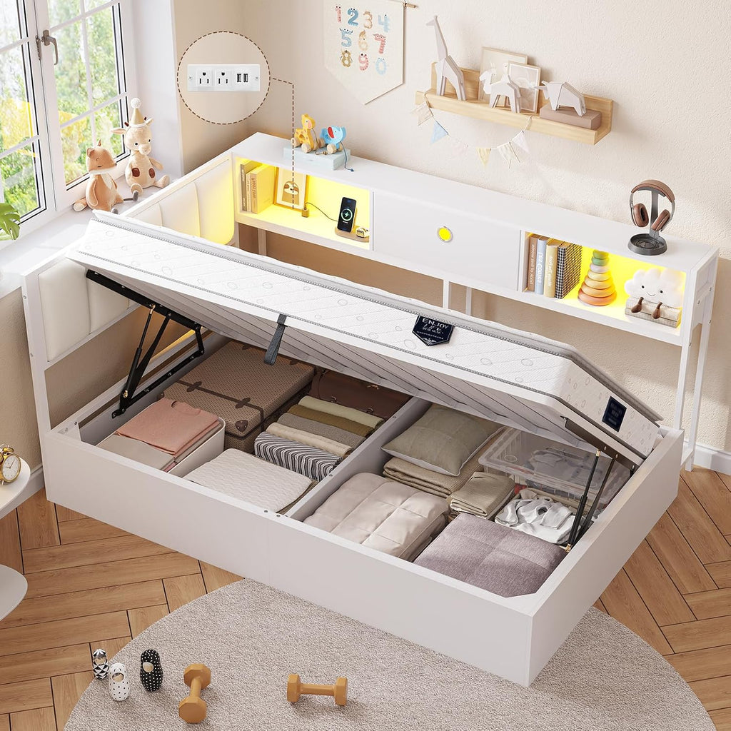DICTAC Twin Corner Lift up Storage Bed with Led Lights and Charging Station Twin Size Daybed for Kids/Teen with Bookcase and Hydraulic Storage,Platform Corner Beds with Upholstered Headboard,White