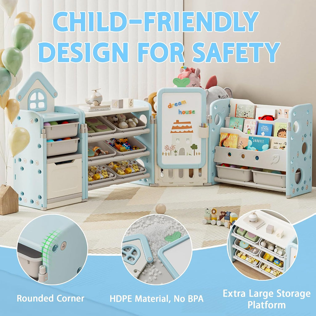 DEYGIA Foldable Kid Toy Storage Organizer with 10 Removable Bins and 3-Tier Bookshelf, 4 in 1 Multifunctional Large Toy Organizer with Drawing Board for Kid Bedroom Playroom Living Room, Light Blue