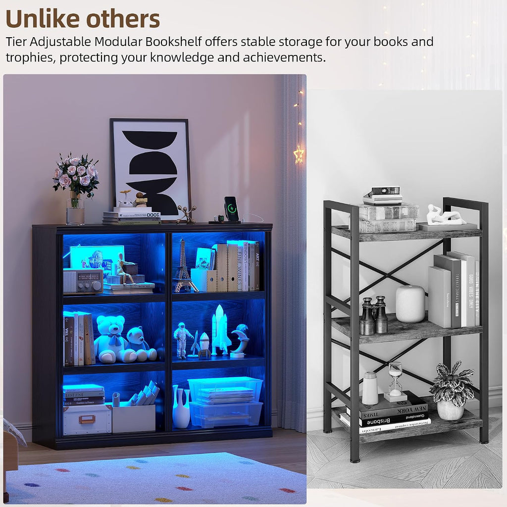 6-Cube LED Bookshelf with Motion Sensor Lights - USB Type-C Charging Module - Modern Cube Organizer Display Shelf 47.24 W x 43.31 H for Bedroom Living Room Home Office Gaming Room - Black