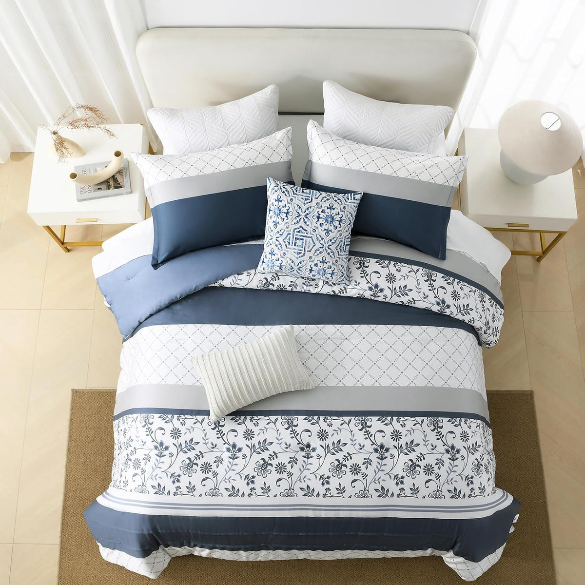 DDUOXIN Blue Queen Size Comforter Set - Boho Navy Striped Comforter Bedding Set, Floral Pattern Soft Duvet Insert, Reversible Skin Friendly Comforters with 2 Pillowshams, Blue/White