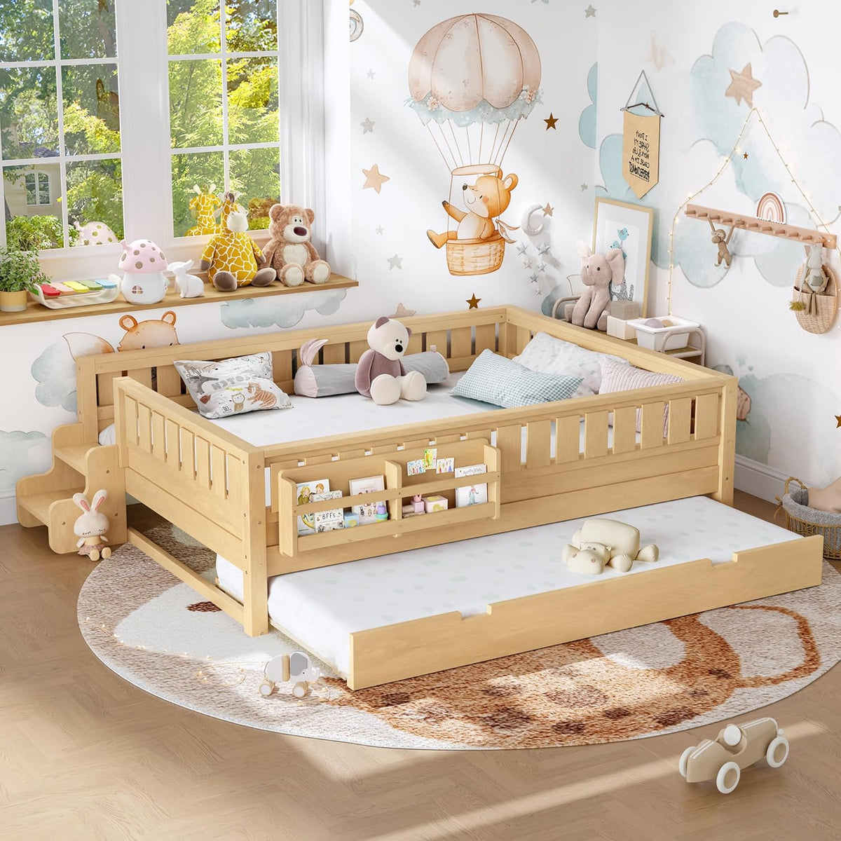 Bellemave Queen Bed with Trundle and Stairs, Queen Size Platform Bed Frame with Fence and Bookshelf, Easy Assemble Beds for Kids, Girls, Boys, Light Natural