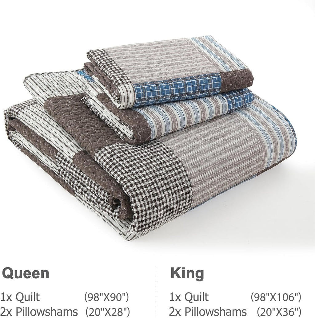 Finlonte Quilt King Size - 100% Cotton Plaid King Size Comforter Set Farmhouse Modern Quilt Bedding Set, Reversible Lightweight Soft Bedspread, Blue Brown Quilted Coverlet All-Season, 3-Piece