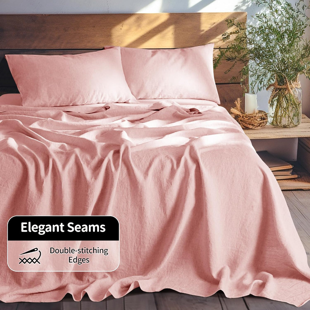 LBRO2M 100% Pure Linen Sheet Set Deep Pocket Up to 16' Bed Sheets Sets, Natural Flax Beddings Soft, Breathable, Comfortable for All Seasons 4 Pcs Sheet Set Queen Size, Blush Pink