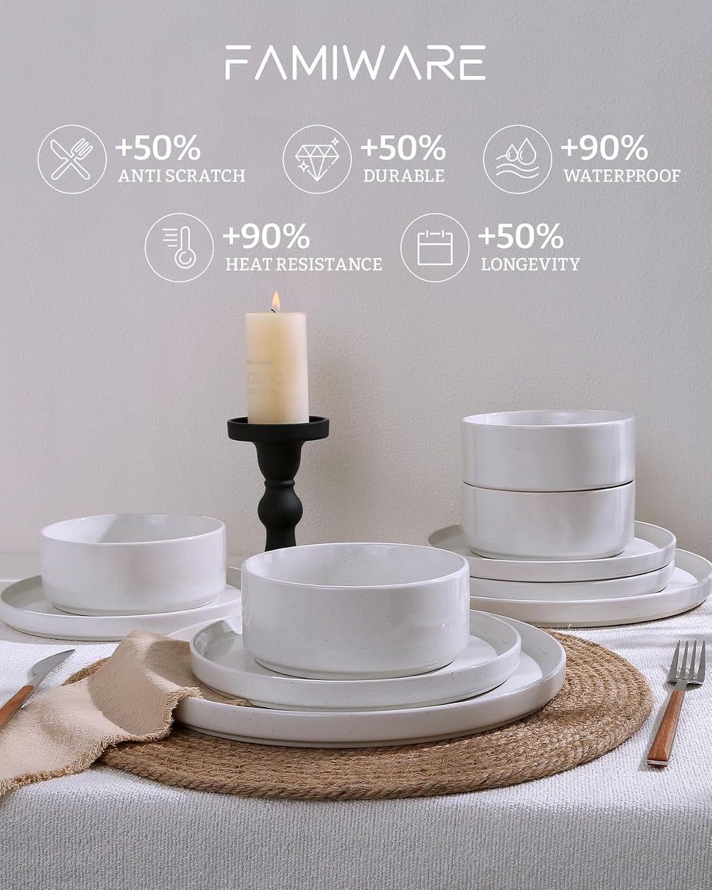 Famiware Nebula Plates and Bowls Set, 24 Pieces Dinnerware Sets, Dishes Set for 8, White