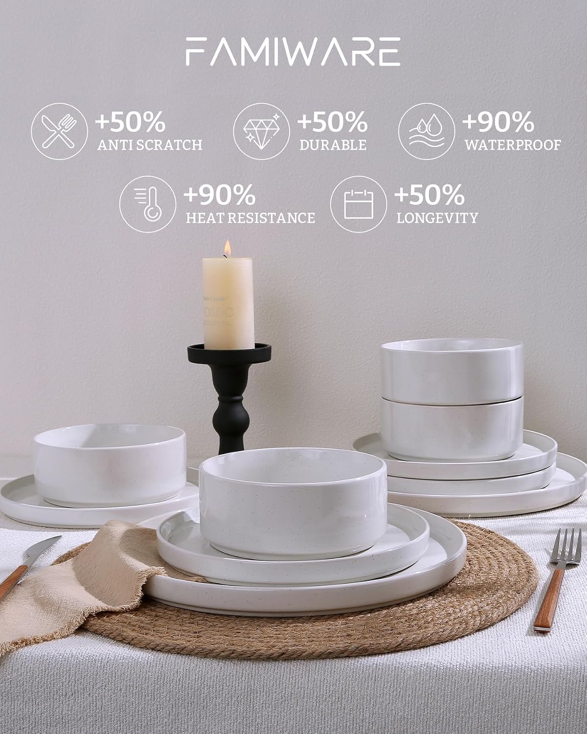 Famiware Nebula Plates and Bowls Set, 24 Pieces Dinnerware Sets, Dishes Set for 8, White