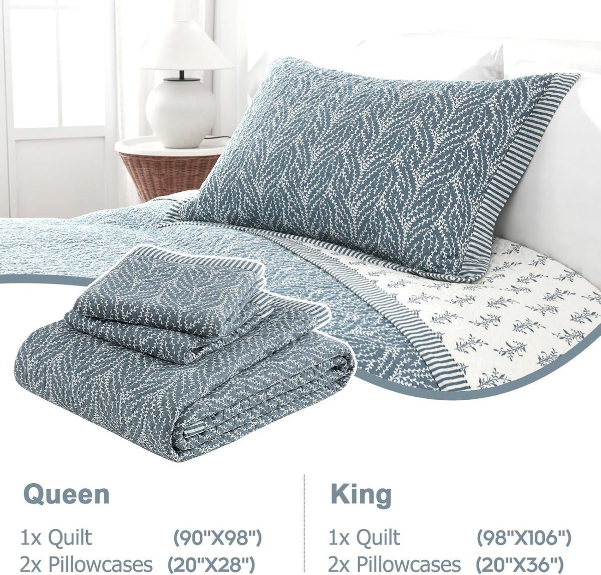 Finlonte Cotton Quilt King Size - 100% Cotton King Comforter Set, Botanical Chic Quilt Bedding Set, Lightweight Reversible Soft Quilted Bedspread for King Bed, Grayish-Blue/White, All Season, 3 Pieces