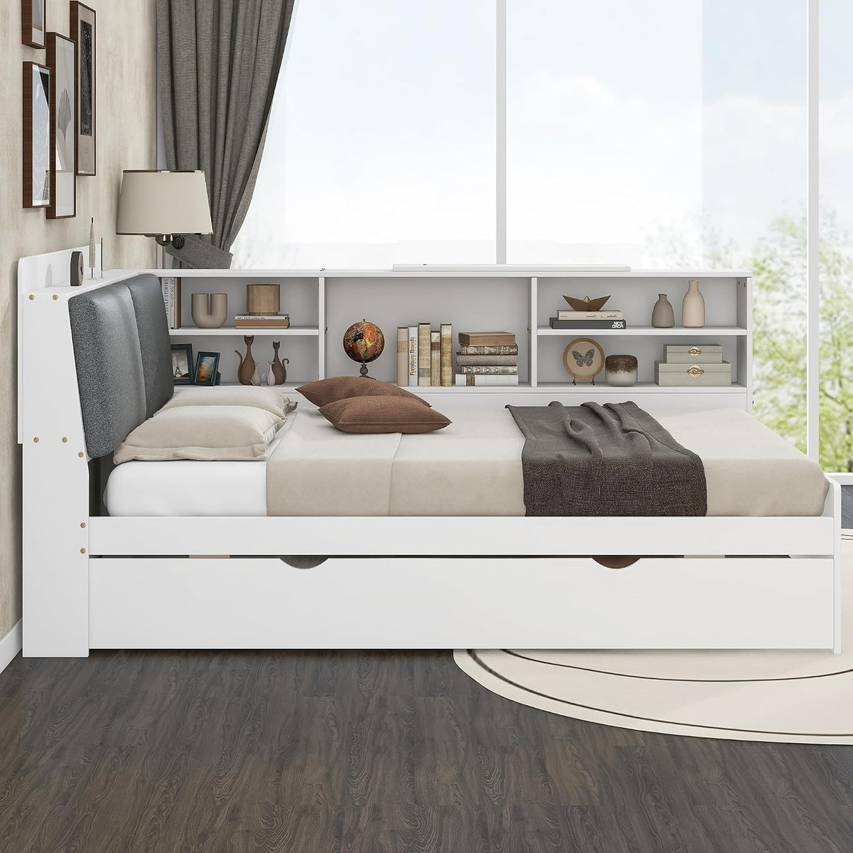 Merax Corner Full Bed Frame, Wood Platform Bed with Storage Headboard, Full Size Daybed with Trundle and Rotatable Storage Board for Living Room,Bedroom,Guest Room,White