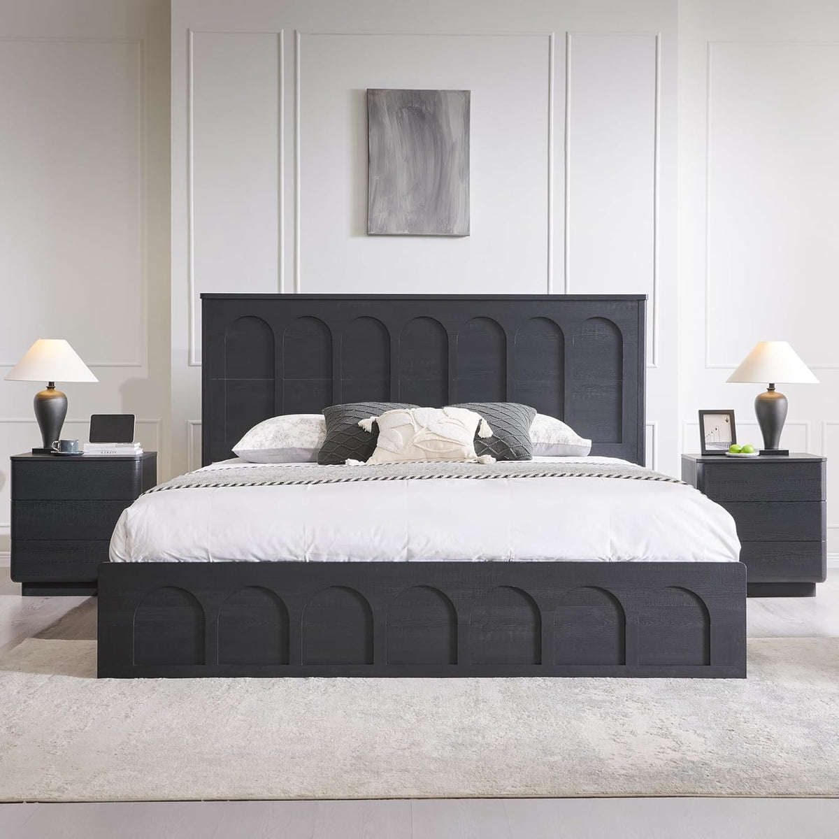 ACCOHOHO Modern King Size Bed Frame with 4 Drawers, 51' Tall Arched Recessed Headboard, Solid Wood Slats Support, Noise Free, No Box Spring Needed, Wood Platform, （Black）