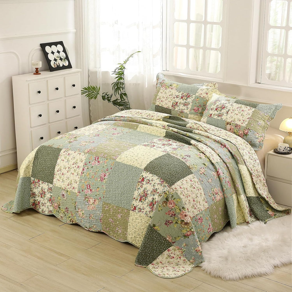 vctops Boho Patchwork Cotton Quilted Bedspread Quilt Set King Size 3 Pieces Soft Reversible Lightweight Coverlet Set Floral Print 1 Quilt and 2 Pillow Shams (Green D,King)