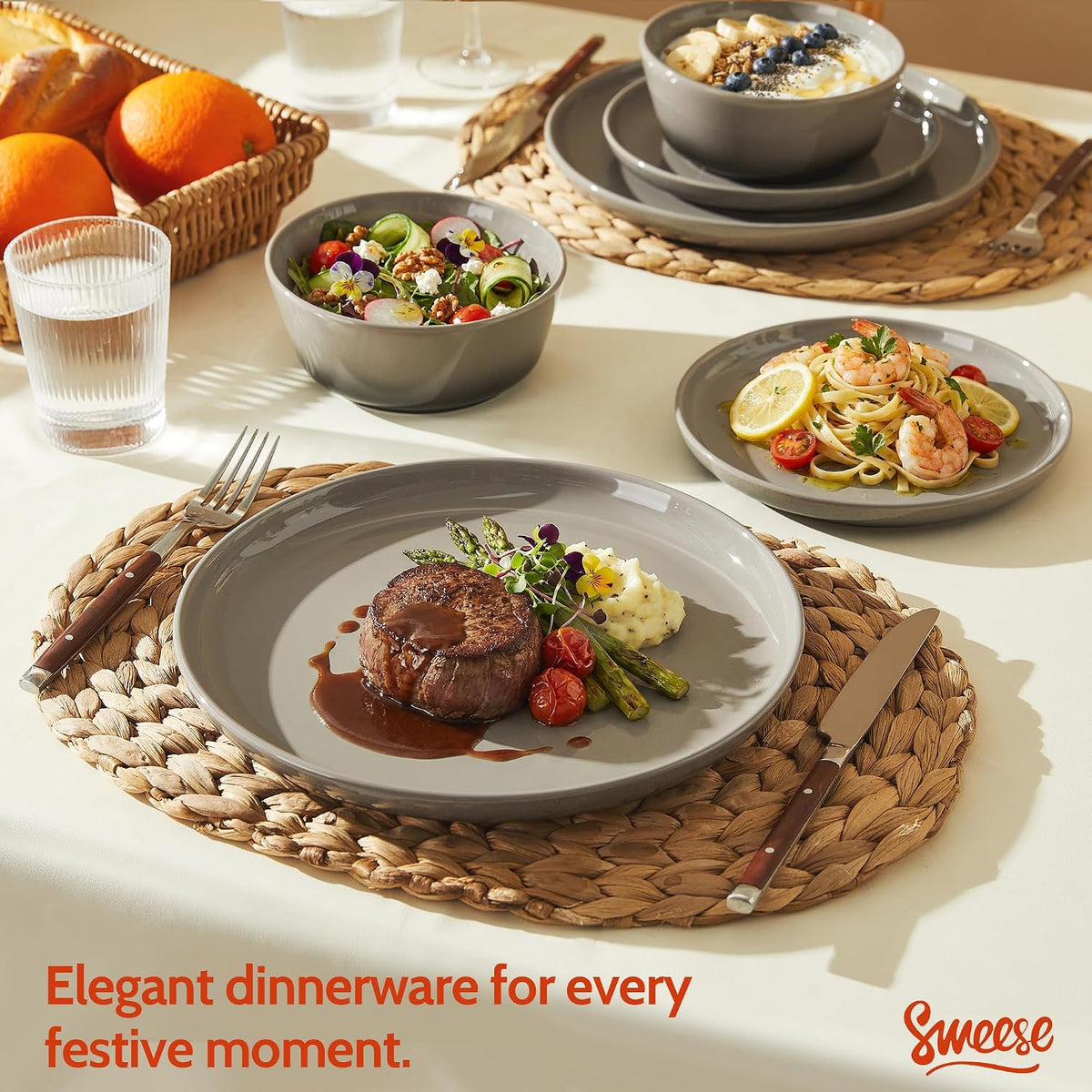 Sweese Porcelain Dinnerware Sets, Handpainted Plates and Bowls Set for 6, Scratch Resistant Dinner Set, Dishwasher and Oven Microwave Safe Dishes Set, Graphite Gray