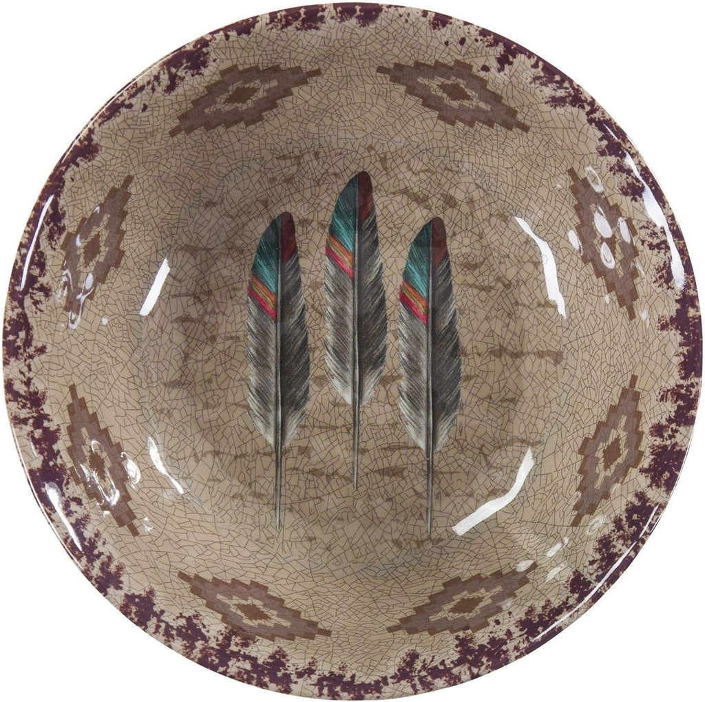 Paseo Road Tossed Feather 14 Piece Melamine Plastic Western Dinnerware Set, Orange Tan Brown Teal Aztec Tribal Print, Southwestern Rustic Dish Set with Plates, Bowls, Serving Dish