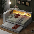SOFTSEA Full Size Daybed with Trundle and Storage, L-Shaped Corner Bed with Bookcase, LED Lights & USB Ports, Wood Day Bed Frame with Reversible Headboard for Kids Teens Adults, White