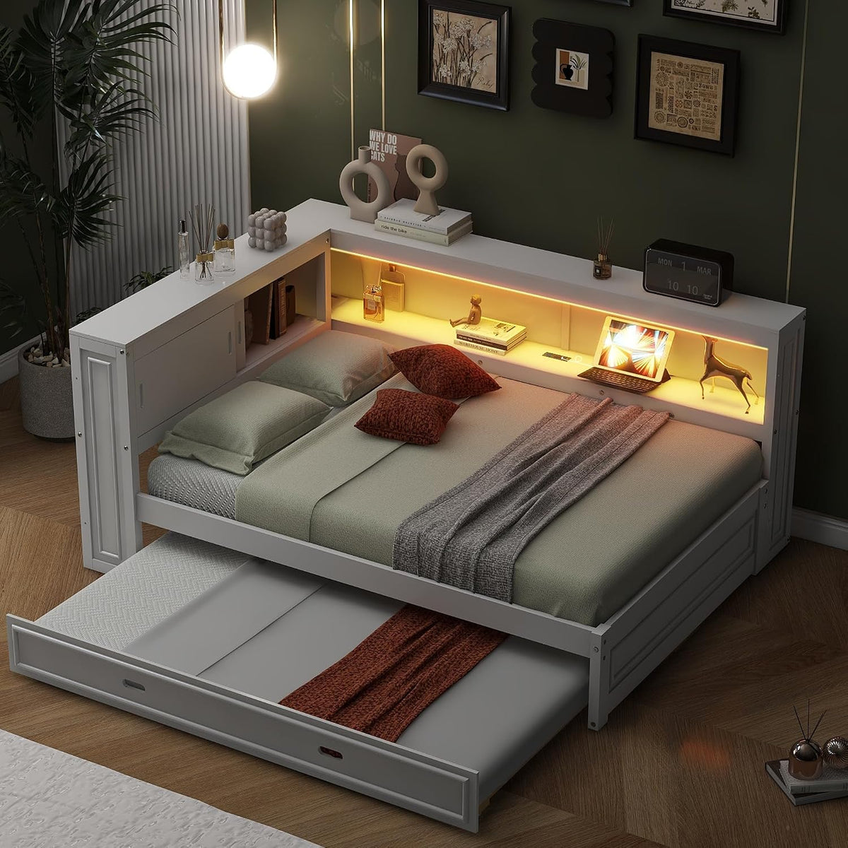 SOFTSEA Full Size Daybed with Trundle and Storage, L-Shaped Corner Bed with Bookcase, LED Lights & USB Ports, Wood Day Bed Frame with Reversible Headboard for Kids Teens Adults, White