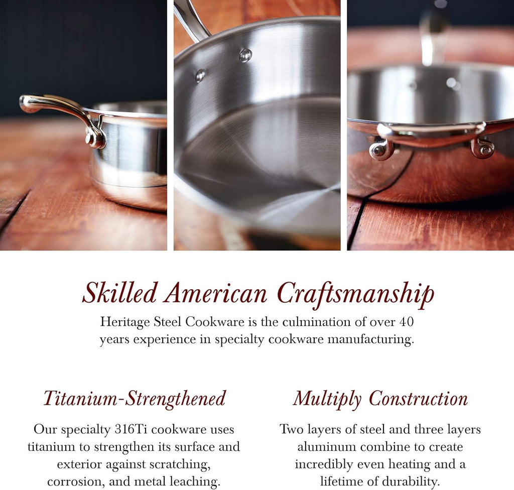 Heritage Steel 8 Quart Family Sauté Pan with Lid - Titanium Strengthened 316Ti Stainless Steel with 5-Ply Construction - Induction-Ready and Fully Clad, Made in USA