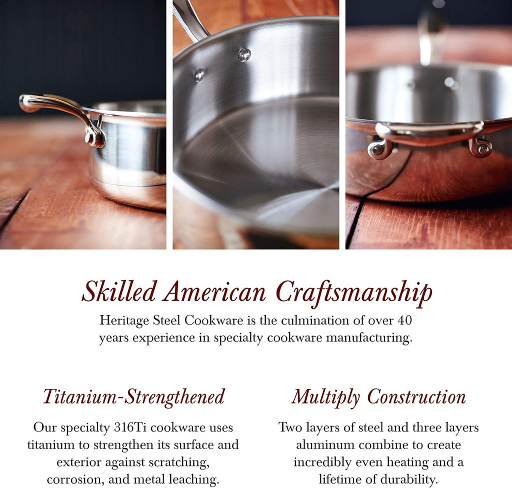 Heritage Steel 10.5 Inch Fry Pan with Lid | Made In USA | Titanium Series | 316Ti Skillet with Stay Cool Handle | Fully Clad Stainless Steel Pan with 5-Ply Construction | Induction Ready & Non Toxic