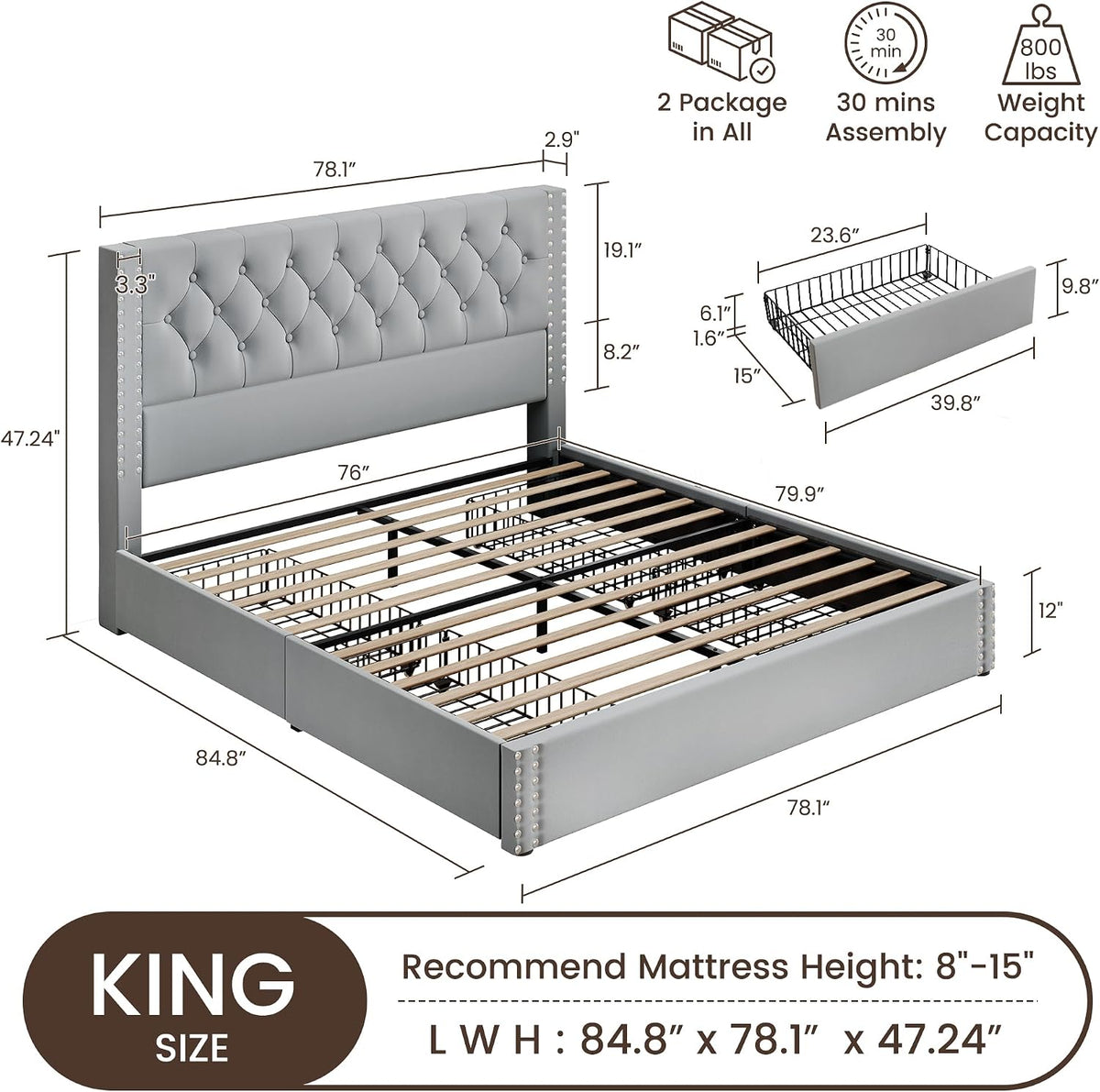 BRELTAM King Size Bed Frame with 4 Storage Drawers and Tufted Headboard Velvet Upholstered Platform Bed Frame with Heavy Duty Wood Slats, No Box Spring Needed, Bluish Grey