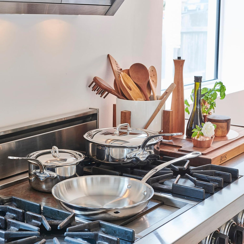 Mauviel M'Cook 5-Ply Polished Stainless Steel Rondeau/Braiser Pan With Lid, And Cast Stainless Steel Handles, 3.2-qt, Made In France