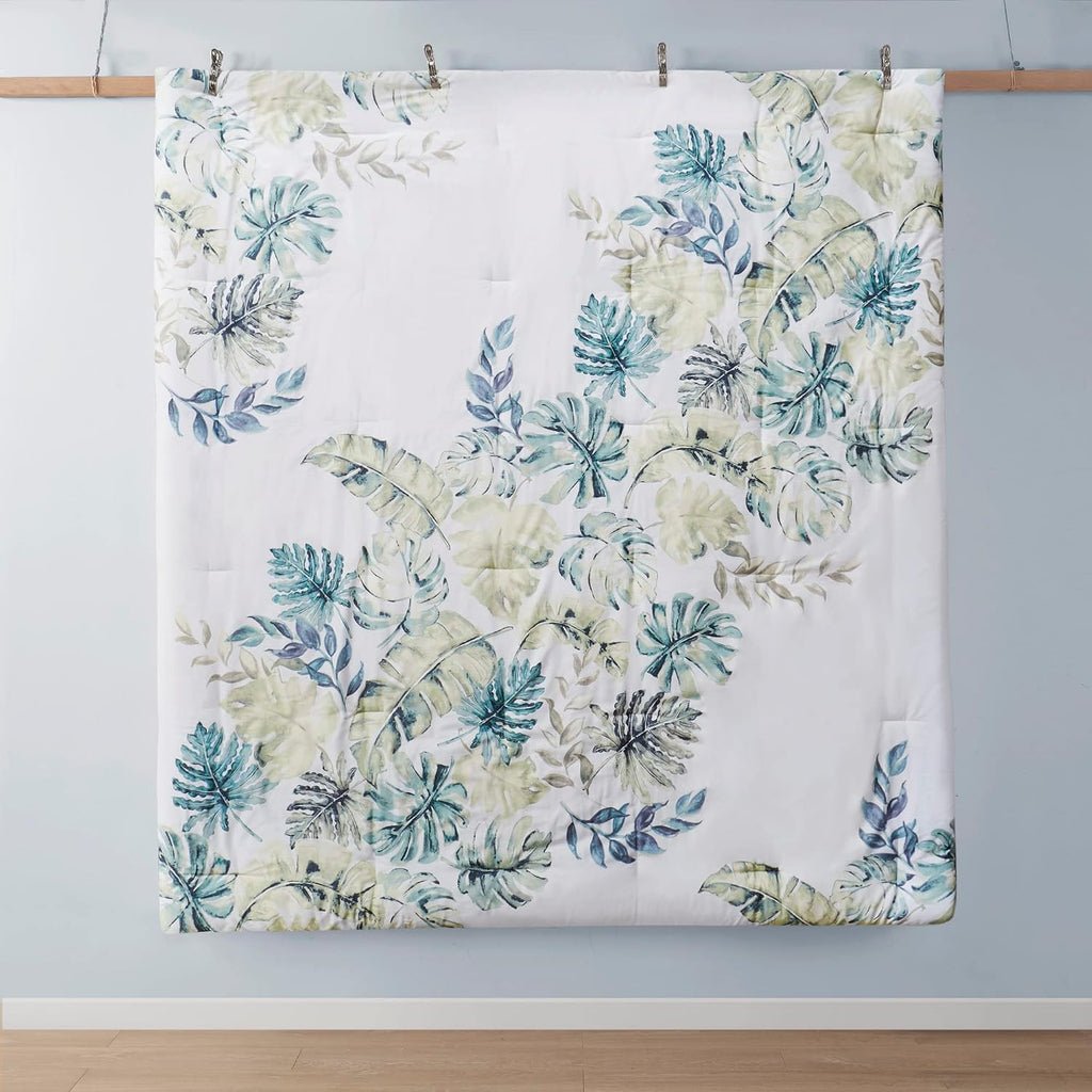 Harbor House Cozy Cotton Comforter Set - Coastal, All Season Down Alternative Casual Bedding with Matching Shams, Decorative Pillows, Lorelai, Monstera Leaf Green Full(80'x90') 6 Piece