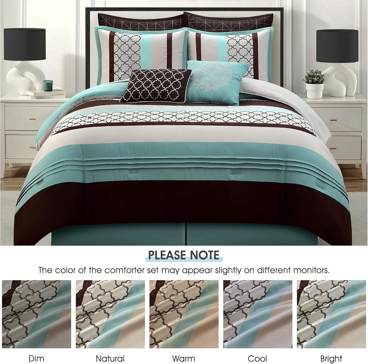 LANCO MODERN LIFESTYLE California King Comforter Set, Aqua Brown Bedding Set, Jacquard Woven with Embroidery, 8 Pieces Bed in a Bag, Bed Skirt, Shams and Decorative Pillows