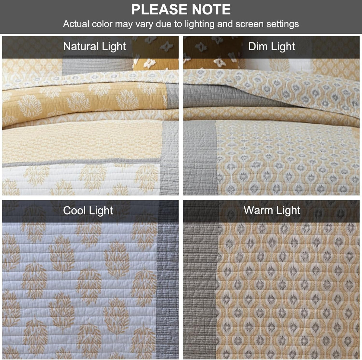 PANGUSHAN Quilt Set Queen Size,100% Cotton Queen Quilt Bedding Set Bedspread,Patchwork Yellow/Gray(Grey) Floral Reversible Quilt Set for Queen Bed,Lightweight Comforter Bed Spread,3 Pieces