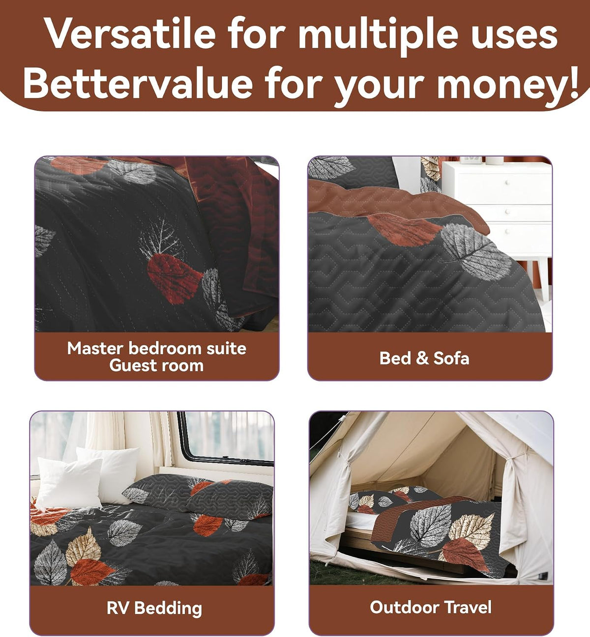 9 Pcs Cal King Bed in a Bag with Curtains | Boho Brown Leaf Bedspread, Pillowcases, Print & Solid Curtains | Microfiber, Moisture-Wicking | Bedspread and Curtain Sets | RV & Outdoor Ready