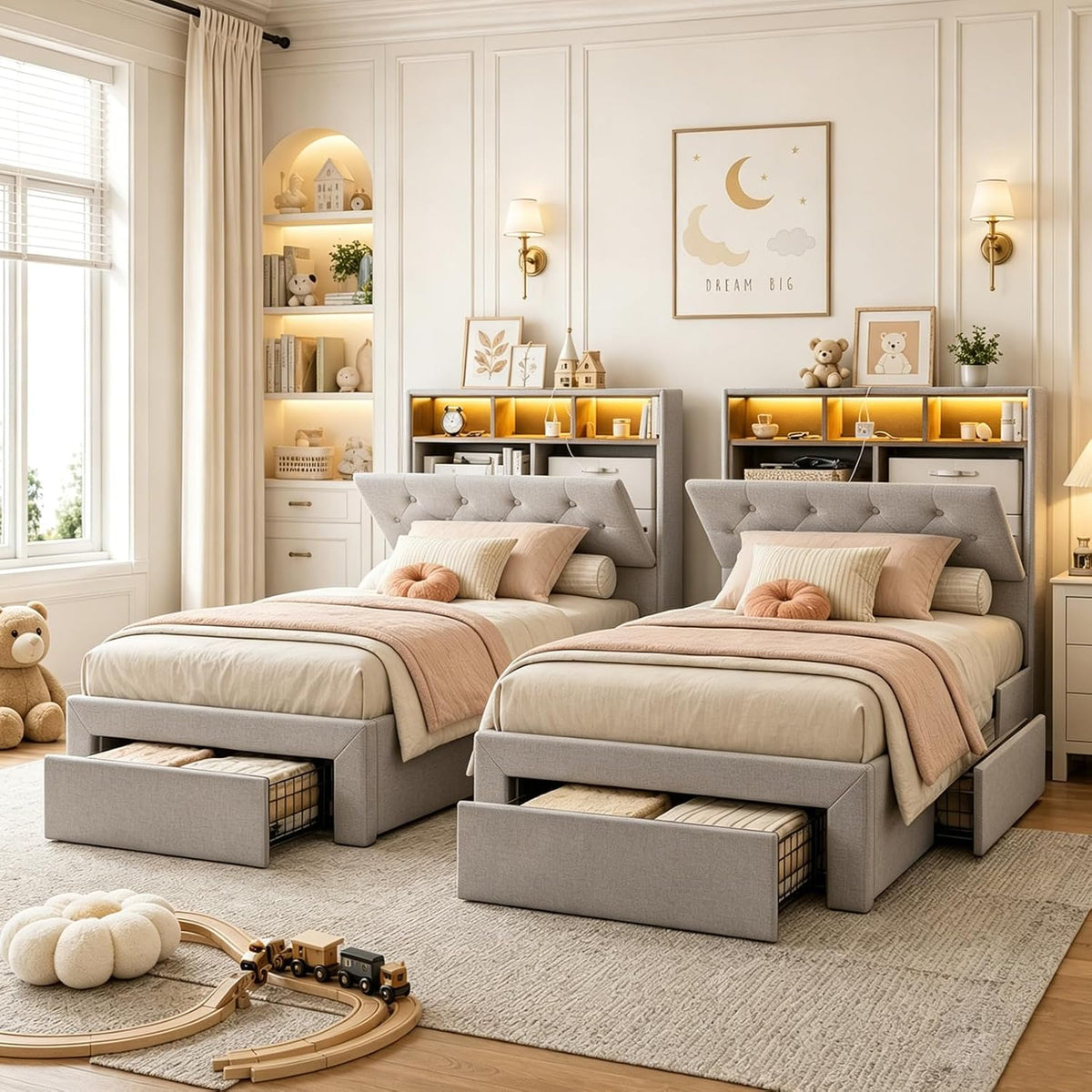 IKIFLY Twin XL Bed Frames with Hidden Storage Headboard & Drawers, Upholstered Twin XL Platform Bed with LED Lights & Charging Station, Solid and Stable, Noise Free, No Box Spring Needed, Light Grey