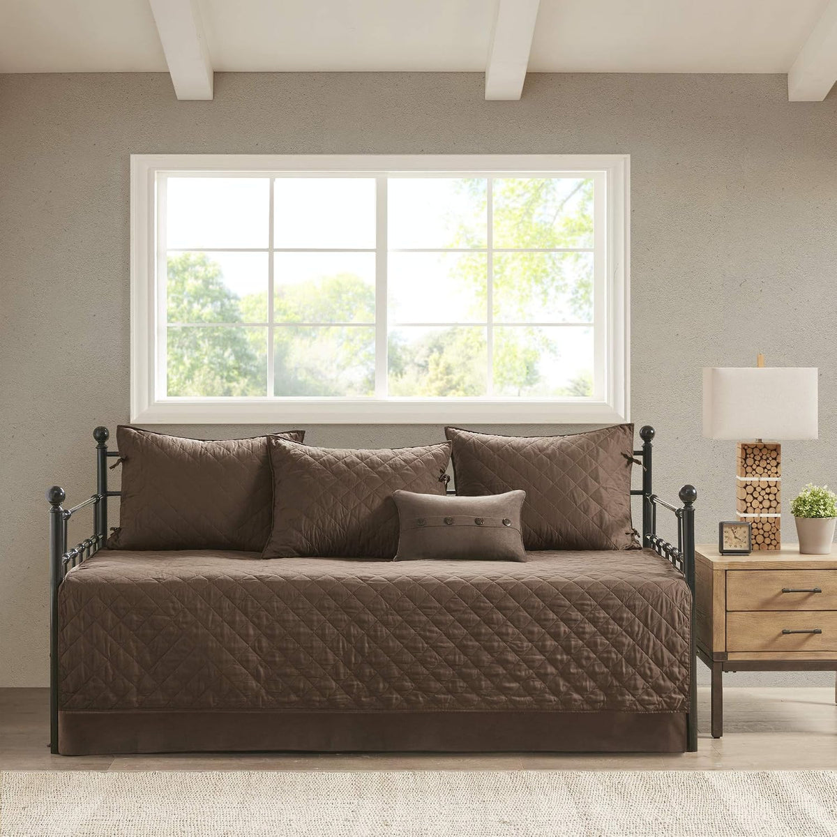 Madison Park Daybed Cover Set - Trendy Design, All Season Luxury Bedding with Bedskirt, Matching Shams, Decorative Pillow, Diamond Quilted Faux Suede Reversible Brown 75'x39' 6 Piece