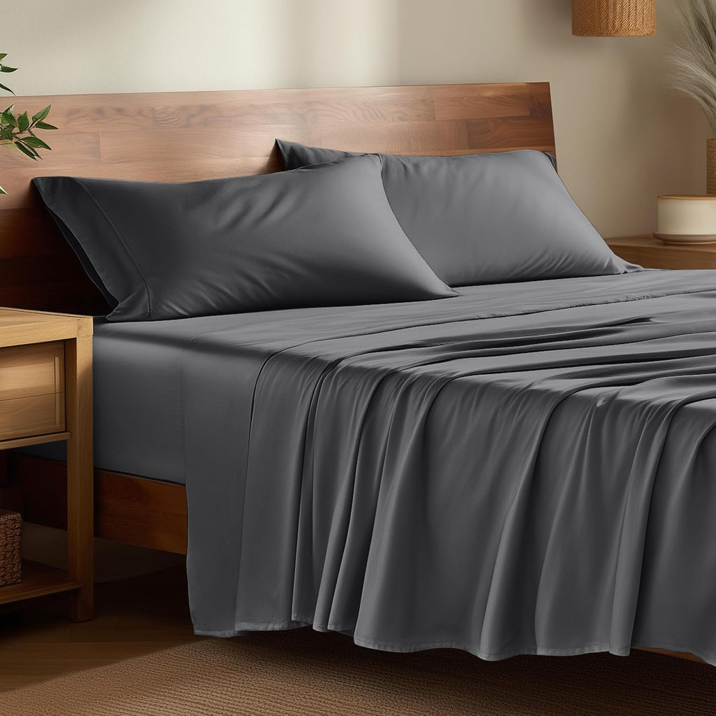 Bare Home 100% Rayon Made from Bamboo Luxury Sheet Set - 4 Piece Bedding Set - Deep Pockets - Cooling Sheets - Breathable - Easy Fit - Soft Bedding Sheets & Pillowcases (Split Head Flex King, Grey)