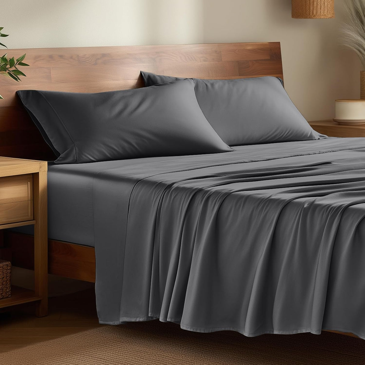 Bare Home 100% Rayon Made from Bamboo Luxury Sheet Set - 4 Piece Bedding Set - Deep Pockets - Cooling Sheets - Breathable - Easy Fit - Soft Bedding Sheets & Pillowcases (Split Head Flex King, Grey)