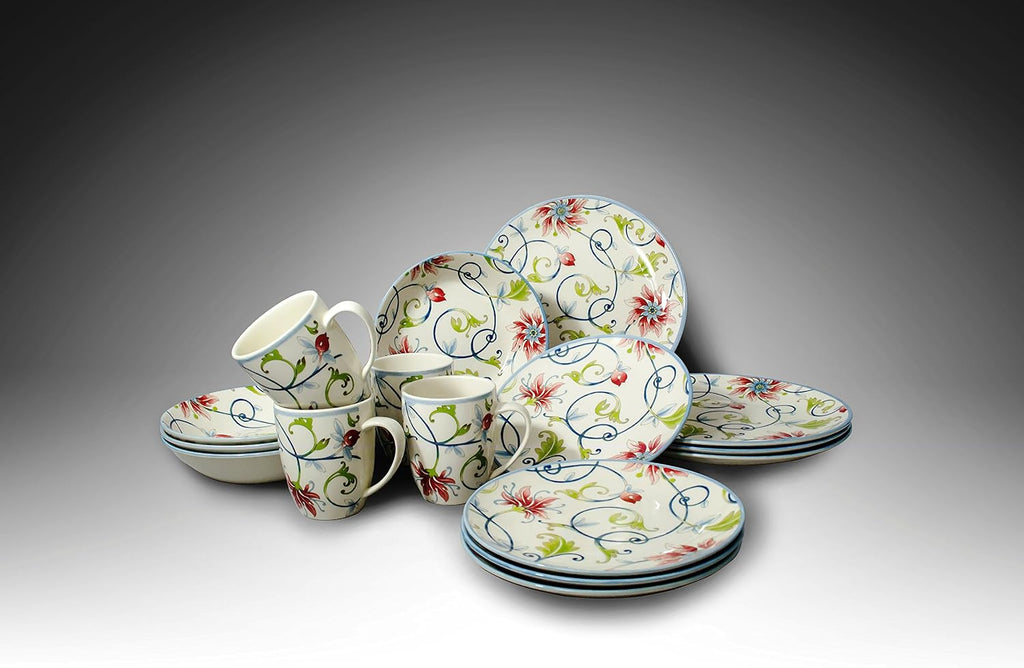 Tudor Royal Collection 16-Piece Round Dinnerware Set, Service for 4, Botanical Design, Plates Bowls Dishes, High-Gloss Premium Quality