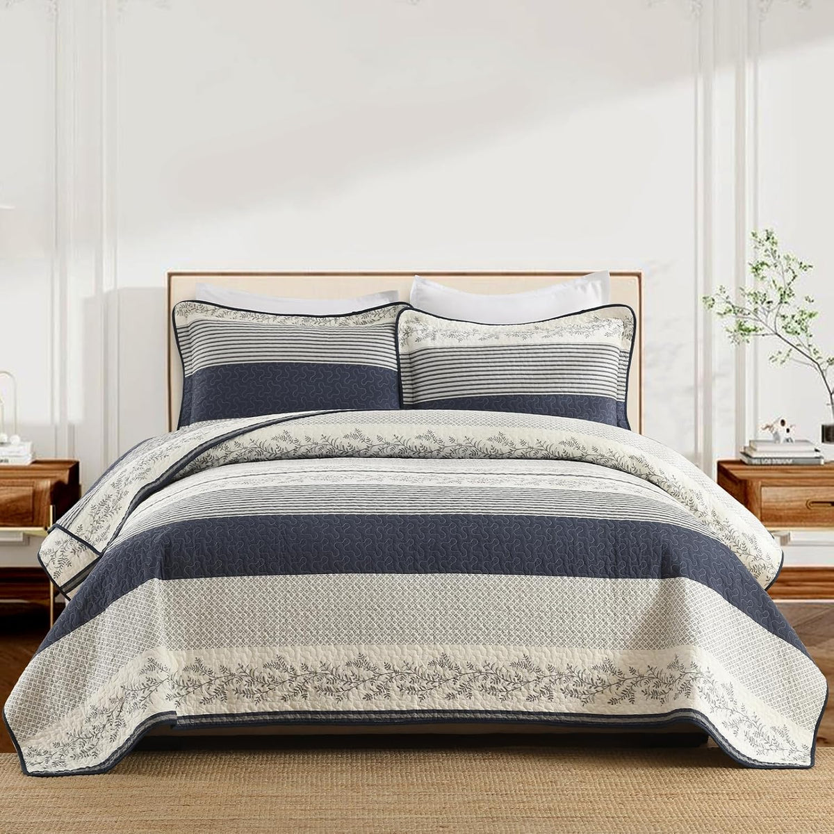 Stripe Quilt King Size - 100% Cotton Lightweight King Quilt Bedding Set, Vintage Vine Pattern Quilted Bedspread with 2 Pillow Shams, Farmhouse Printed Bed Coverlet for All Season, Navy/Gray