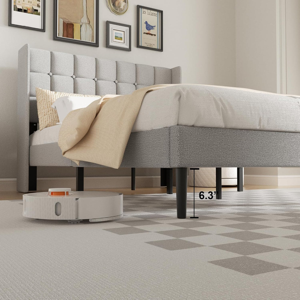 Full Size Bed Frame with Wingback Headboard, Velvet Upholstered Platform Bed Frame with Button Tufted Headboard, Wooden Slats Support, No Box Spring Needed, Easy Assembly, Light Grey