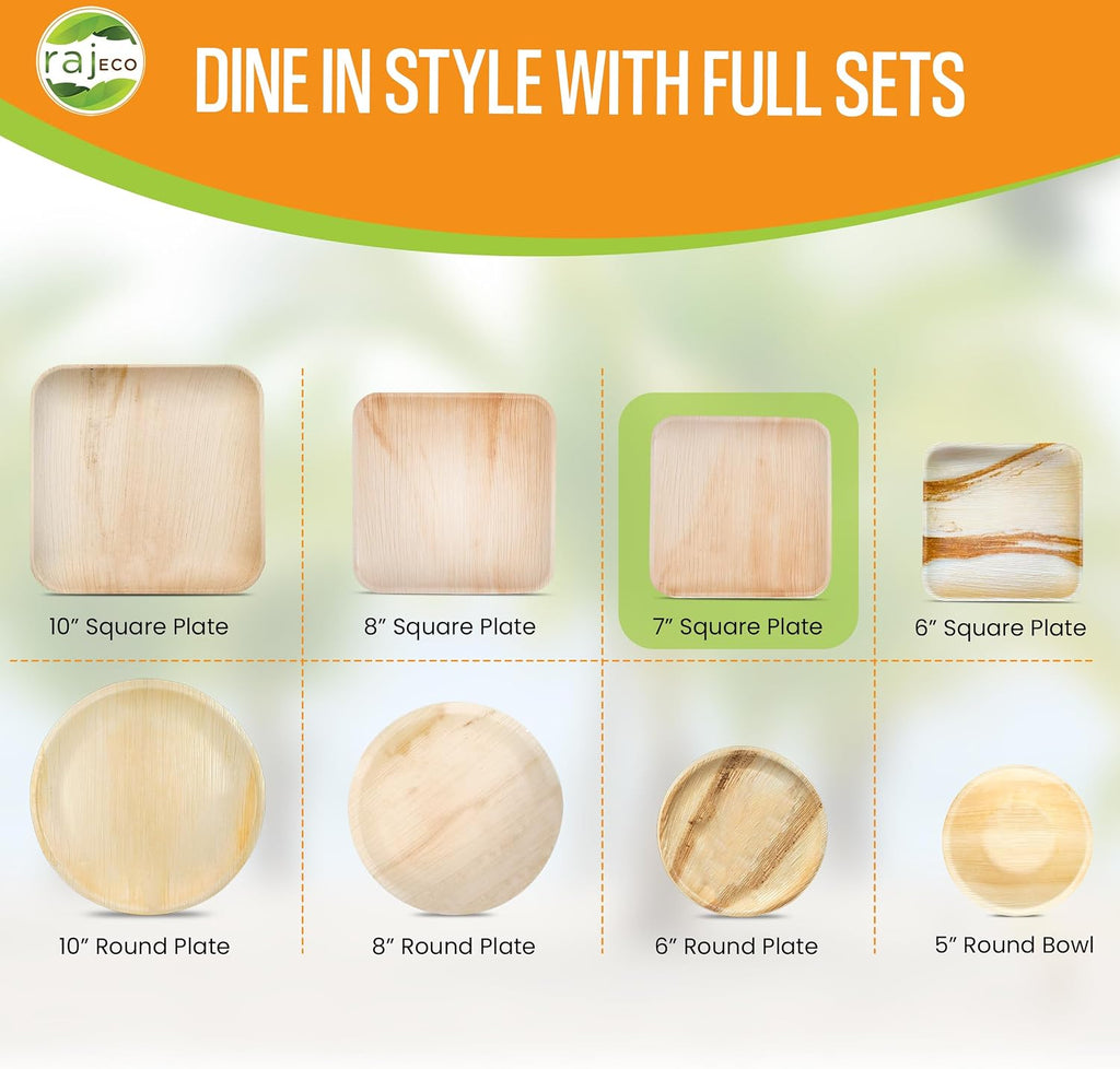 Raj Palm Leaf Plates [200-Pack] 7' Square Plates like Bamboo plates Disposable, Strong, Decorative Compostable Tableware for wedding, Lunch, Dinner, Birthday, Camping, Outdoor BBQ, Picnic