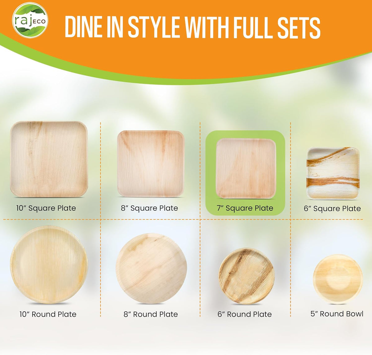 Raj Palm Leaf Plates [200-Pack] 7' Square Plates like Bamboo plates Disposable, Strong, Decorative Compostable Tableware for wedding, Lunch, Dinner, Birthday, Camping, Outdoor BBQ, Picnic
