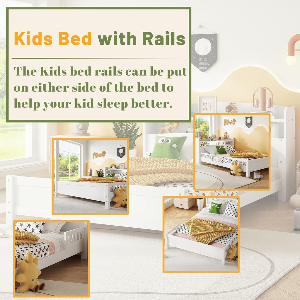 Full Size Kids Bed, Wood Kids Bed with Storage Bookcase & Headboard, Beds Frames with Rails & LED Motion Sensor Light, for Boys and Girls, White