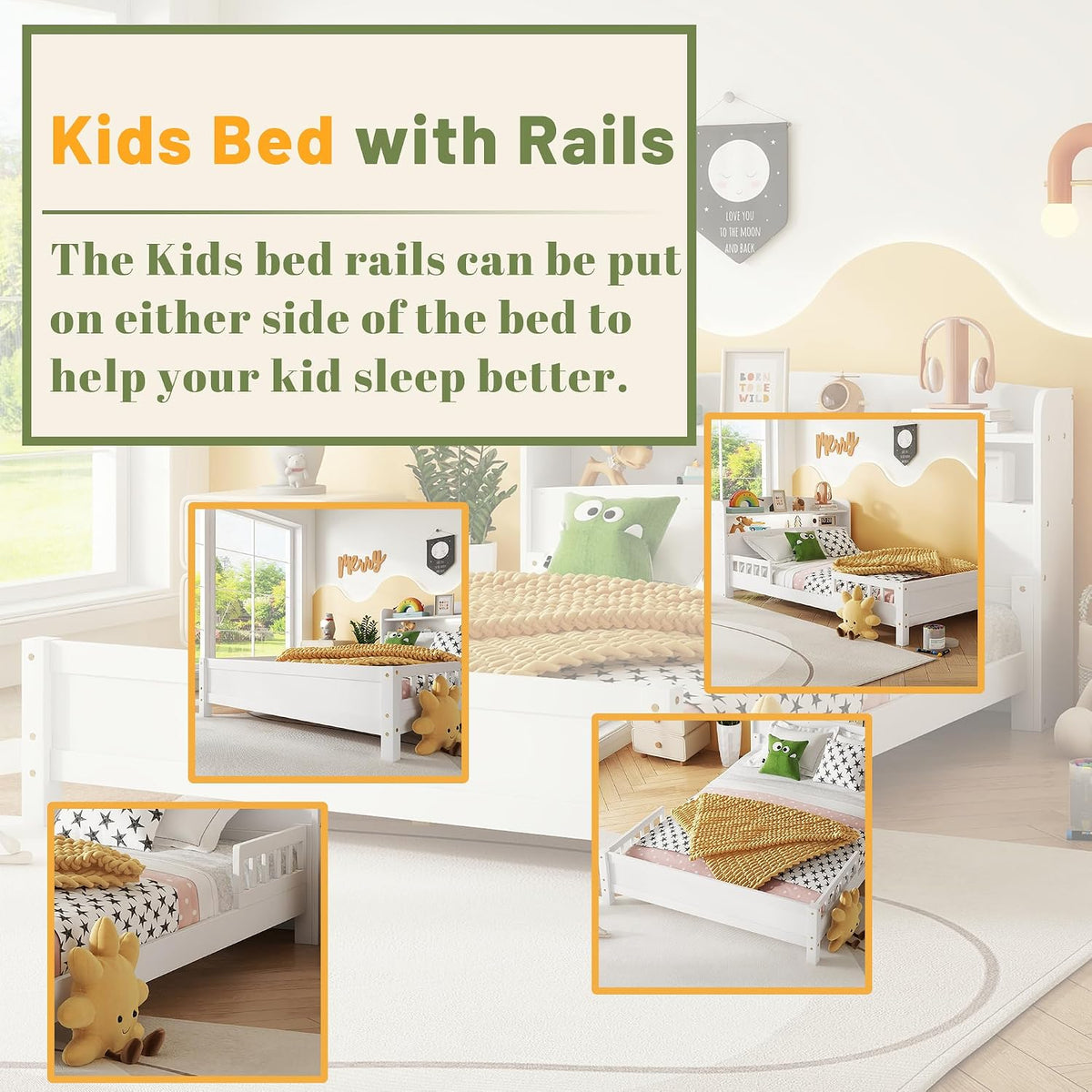 Full Size Kids Bed, Wood Kids Bed with Storage Bookcase & Headboard, Beds Frames with Rails & LED Motion Sensor Light, for Boys and Girls, White