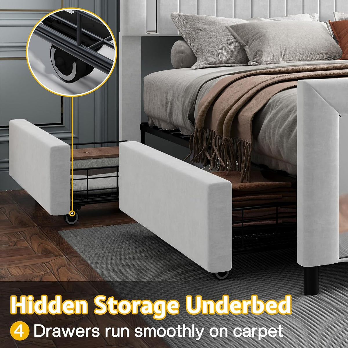 Jocisland King Size Upholstered LED Bed Frame with 4 Storage Drawers, Velvet Platform Bedframe with Channel Tufted Adjustable Headboard, Gray
