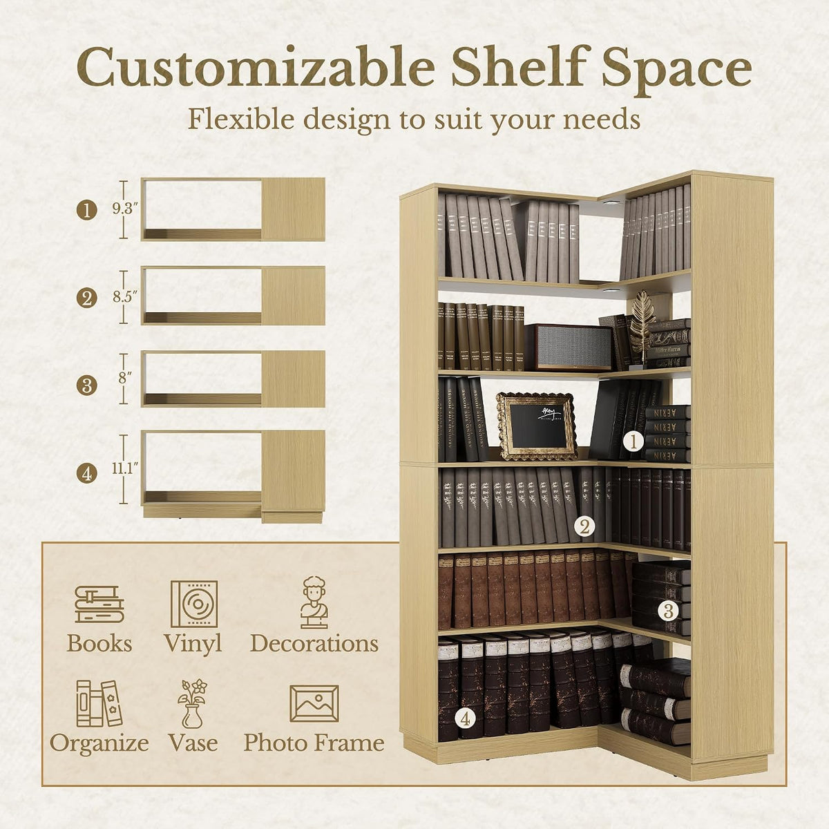 Corner Book Shelf, 6 Tier 73 Inch Tall Corner Bookshelf with Open Storage, Wood L Shaped Bookcase Storage Display Rack for Home Office, Light Walnut