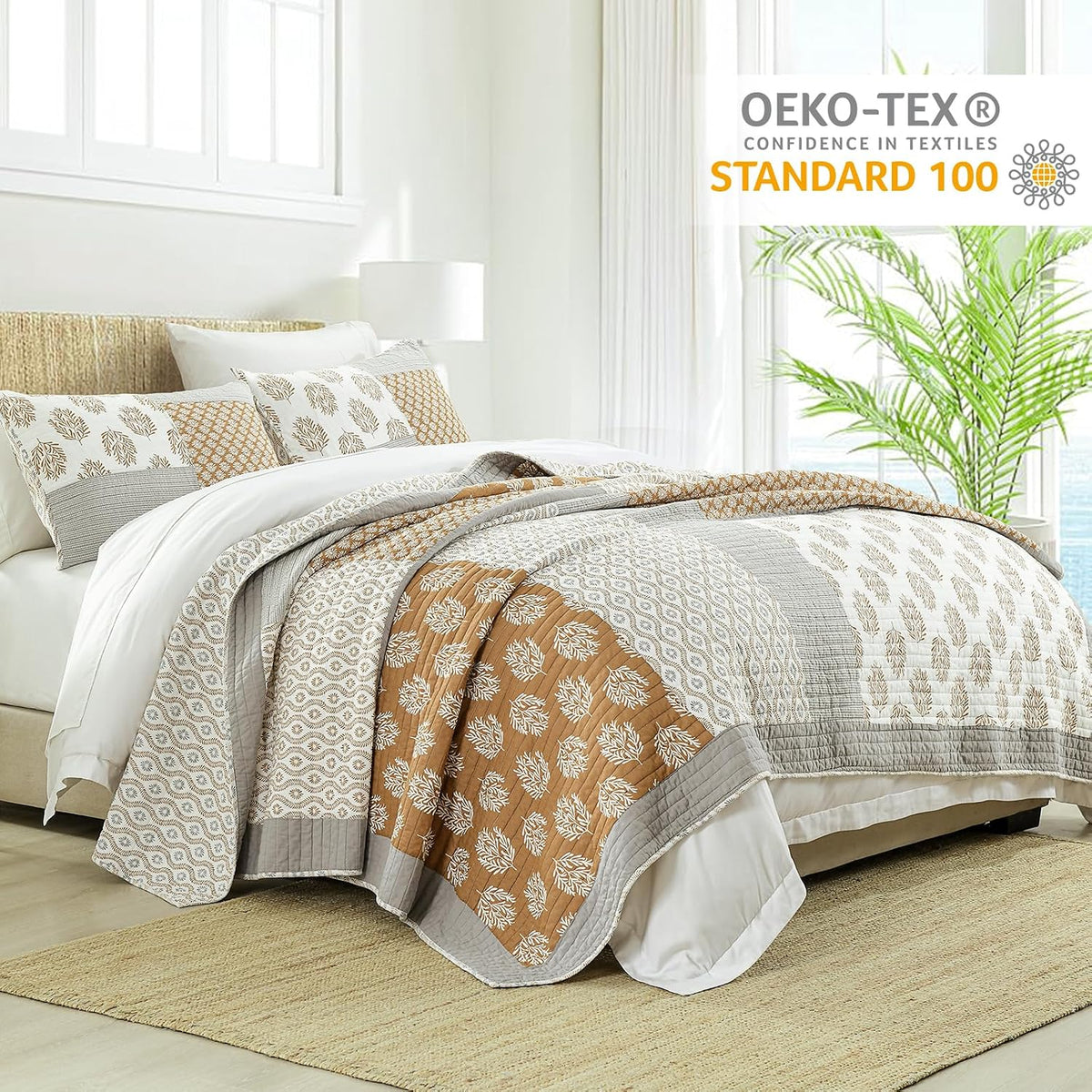 Finlonte Quilts Queen Size, 100% Cotton Queen Comforter Set, Brown Grey Farmhouse Quilted Bedspread, Patchwork Lightweight Reversible Quilt Bedding Set for Queen Bed, 3-Pieces