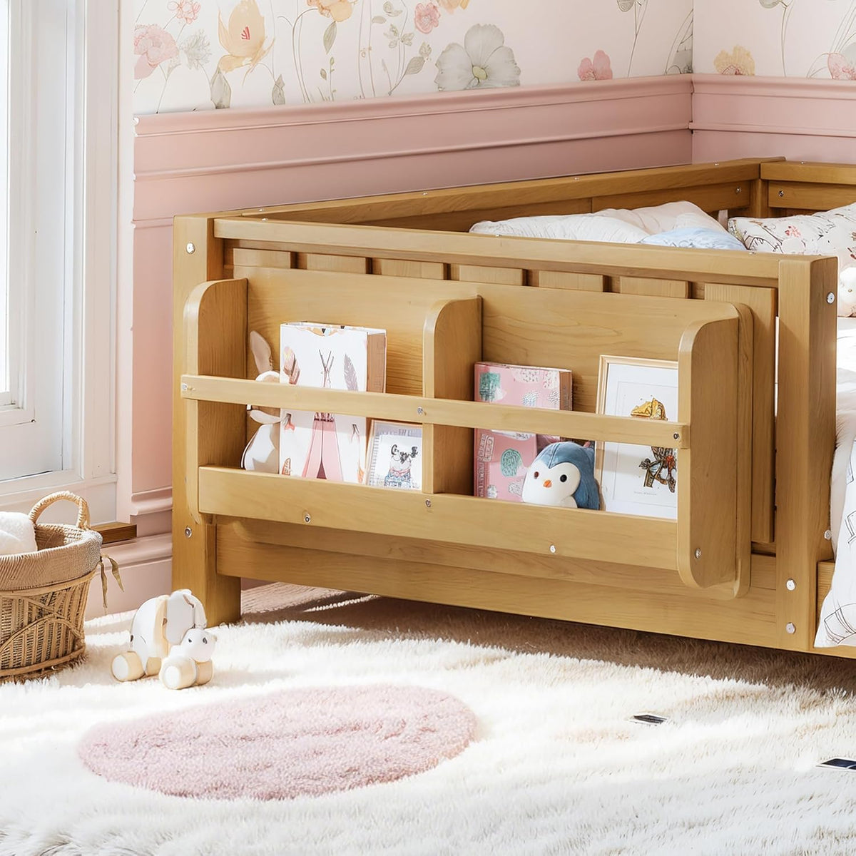 Bellemave Twin Floor Bed with Rails and Slats, Twin Size Montessori Floor Bed with Bookshelf and Fence, Easy Assemble Montessori Beds Frame for Girls, Boys, Deep Natural