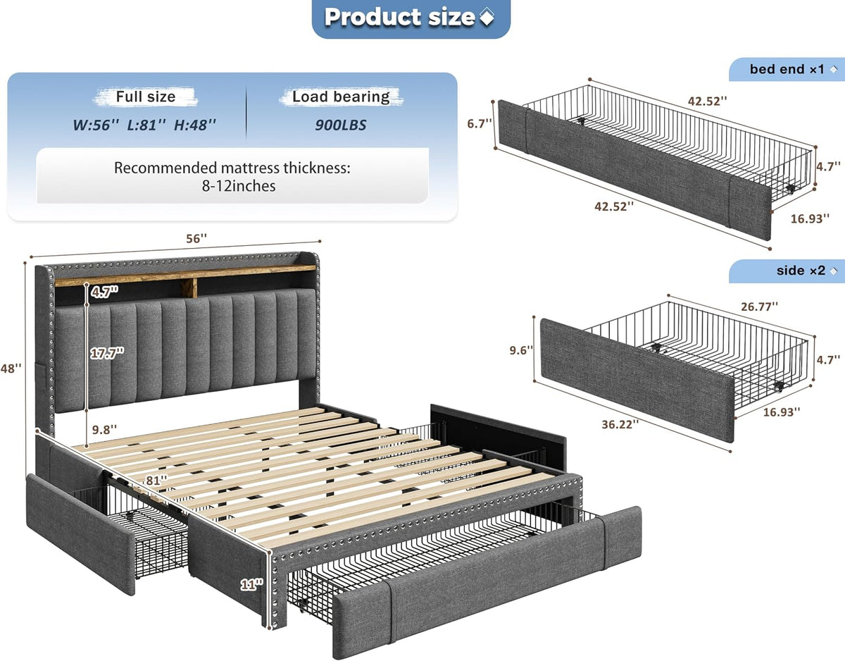EnHomee Full Size Bed Frame with 2-Tier Storage Headboard & 3 Drawers Upholstered Platform Bed Frame Full with Wooden Slats Support, No Box Spring Needed, Grey