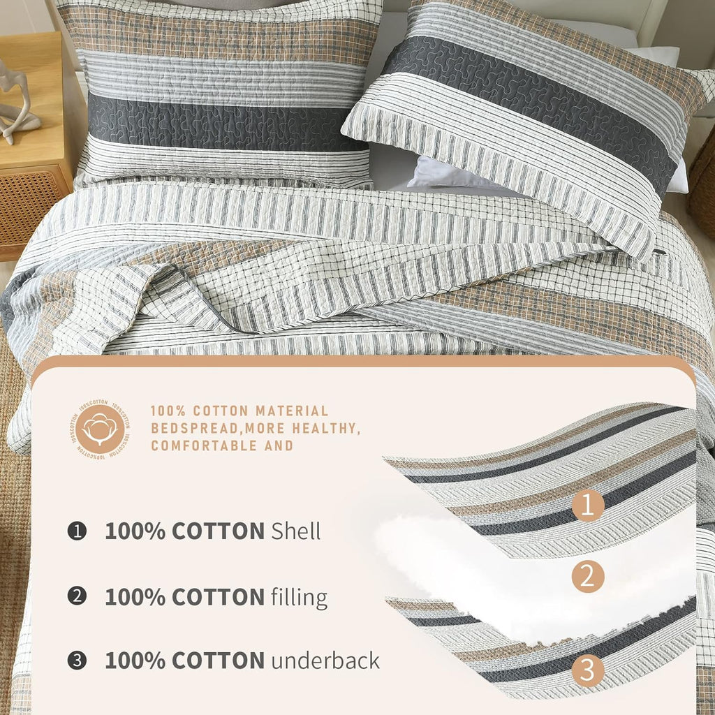 Finlonte 100% Cotton King Size Quilt Set, Patchwork Striped King Quilt Bedding Set Farmhouse Bedspread, Lightweight Quilted Comforter Reversible Bed Spread for All Season, White/Brown/Grey, 3 Pieces
