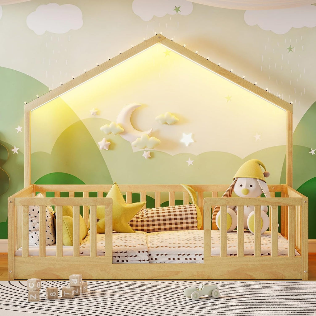 Twin Size House Bed for Kids, Low Profile Montessori Bed Twin with High Railings, Wood House Shape Montessori Beds with Light & Roof for Kids, Natural