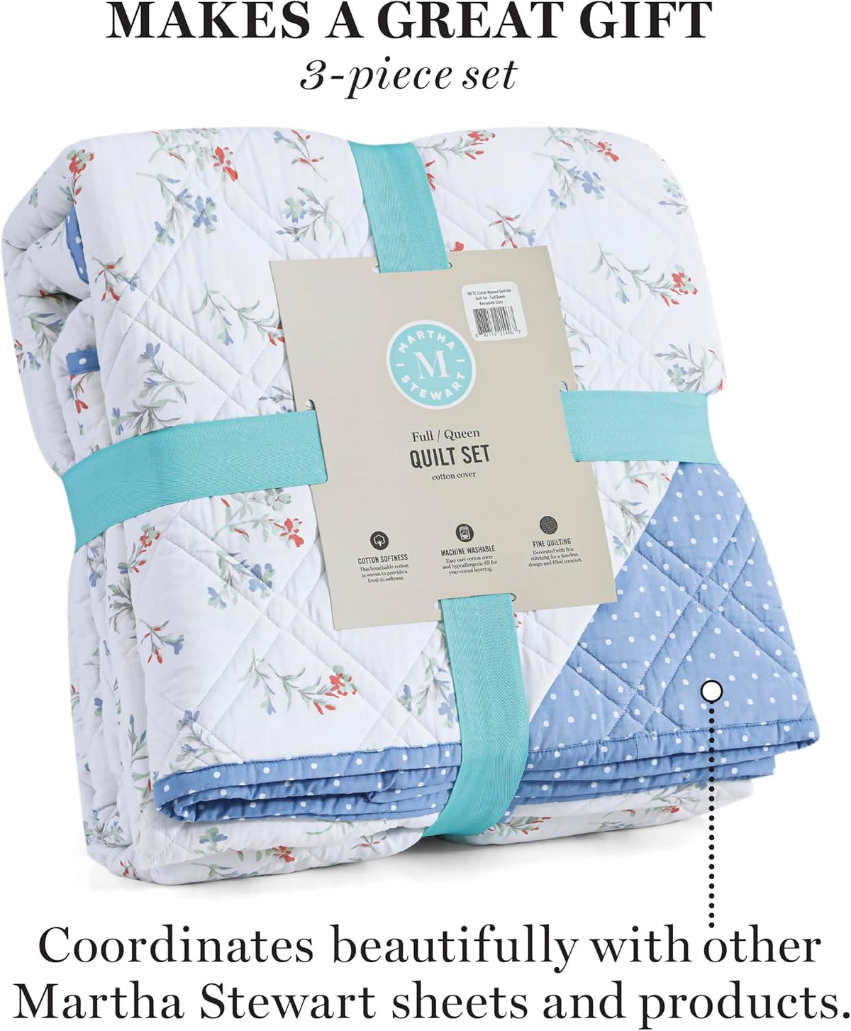 Martha Stewart 100% Cotton 3 Piece Reversible Quilt Set, Washed, Percale, Light Blue/White, 1 Quilt, 2 King Shams, Soft and Breathable, Lightweight, Ditsy Floral Printed Bedspread, King Size