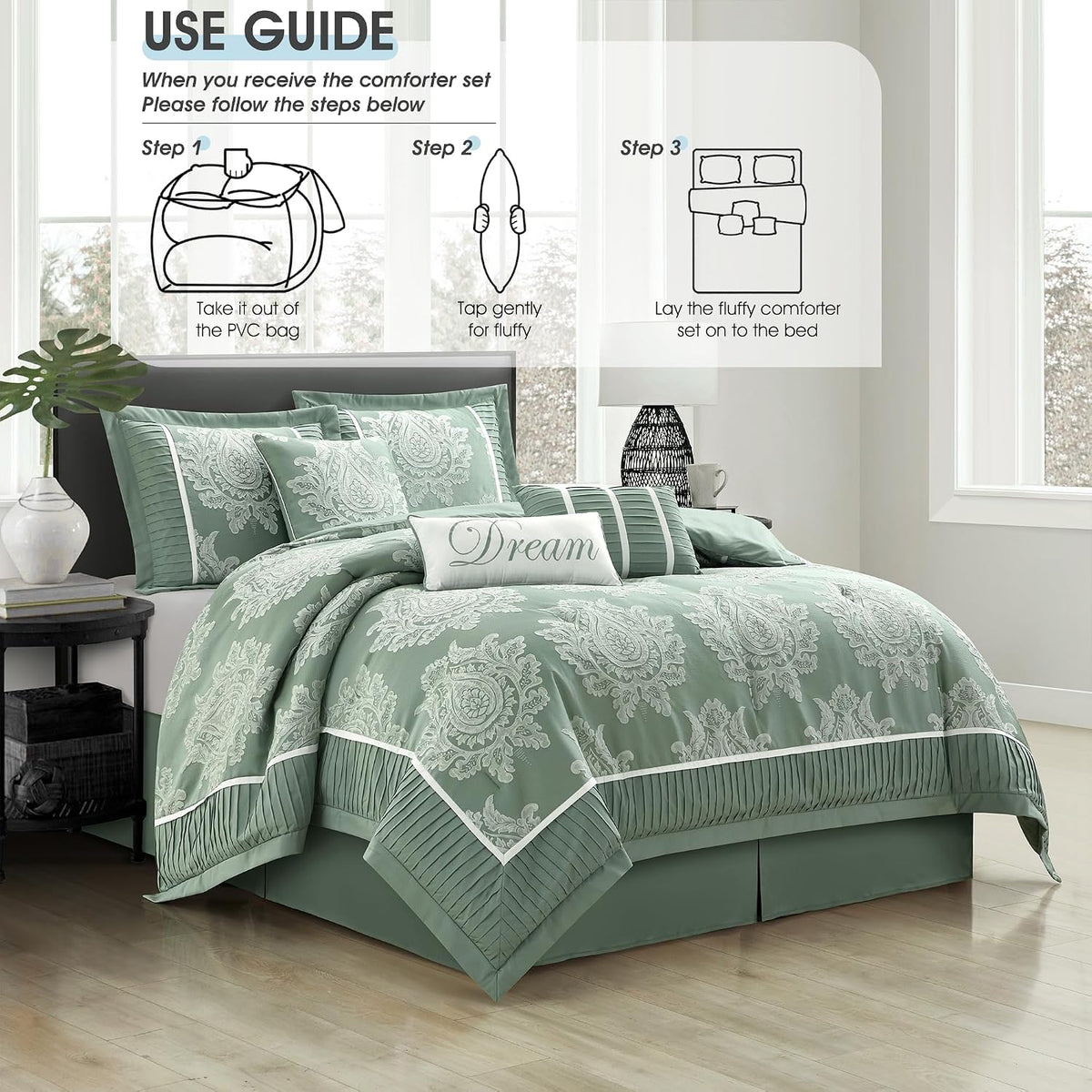 LANCO MODERN LIFESTYLE Sage California King Comforter Set 7 Pieces, Jacquard Woven with Damask, Bedding Set in a Bag Includes Comforter, Bed Skirt, Pillow Shams, and Decorative Pillows