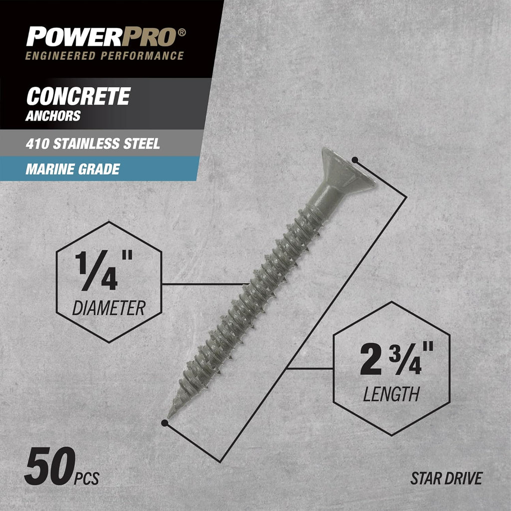 Power Pro 376641 Concrete Screw Anchors, 1/4' x 2-3/4', High-Performance, Code-Approved, Epoxy Coated, Coarse Thread, for Concrete and Masonry, Outdoor Rust Resistant, #410 Stainless Flat, 100pcs