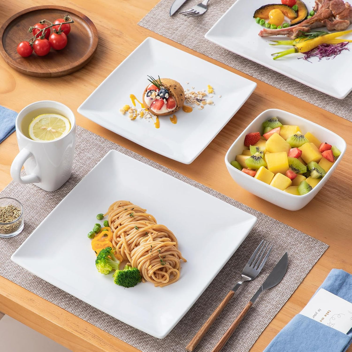 vancasso Soho Dinnerware Sets 24 Pieces, White Stoneware Square Place Setting, Dinner Plate, Dessert Plate, Cups and Plates Sets for Kitchen, Dish Set for 6, White