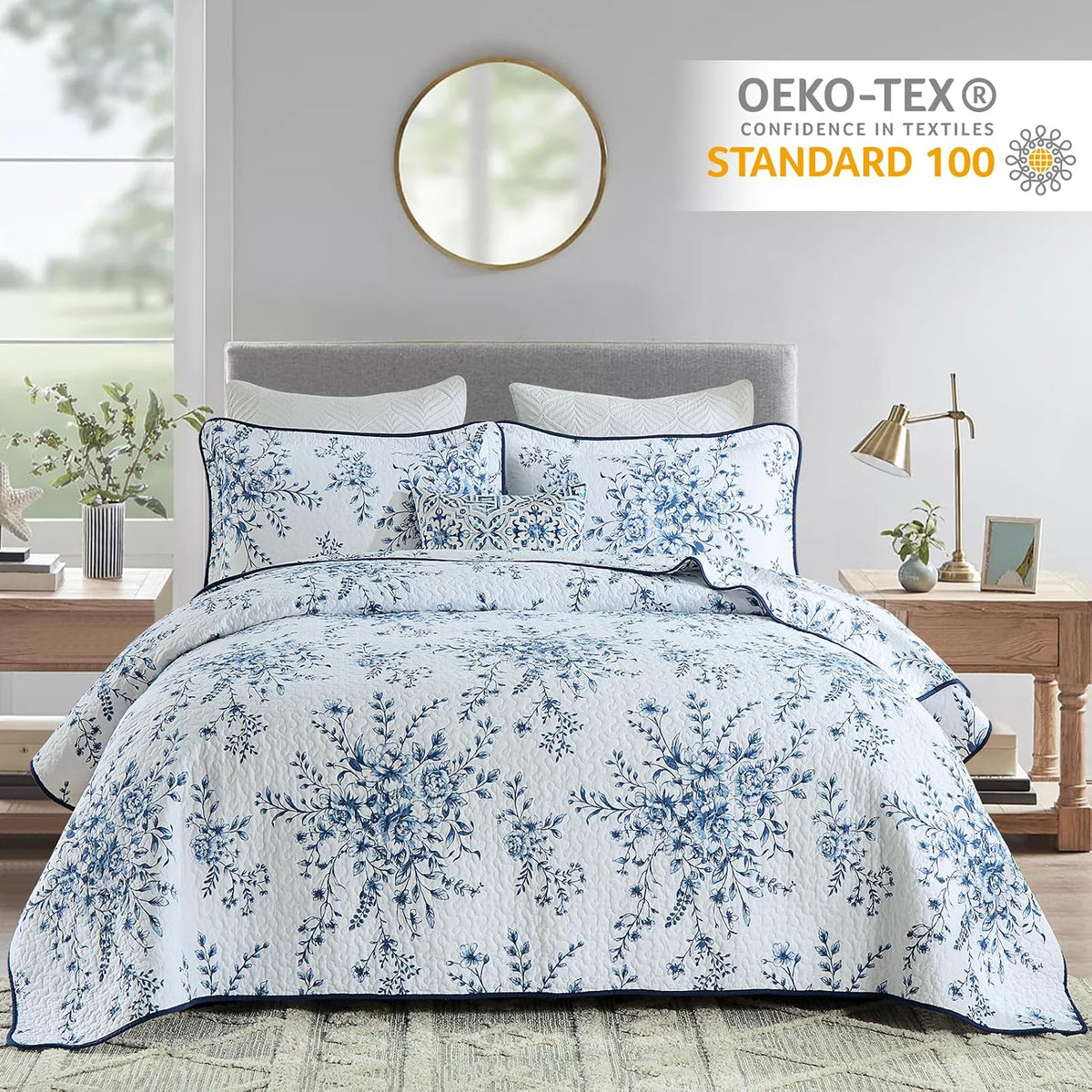 Finlonte Quilt King Size 100% Cotton Lightweight Soft King Quilt Vintage Botanical Quilted Bedspread White Blue Floral Reversible Quilt Bedding Set 3 Pieces