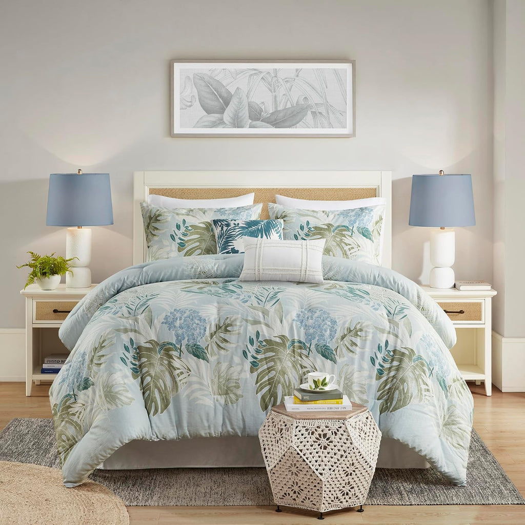 Harbor House Queen Comforter Set, Tropical Palm Print, Soft Cotton Oversized Comforter for a Queen-Size Bed, Coastal Bedding, 2 Shams, Bedskirt, 2 Décor Pillows, Kiawah Island, Queen Blue